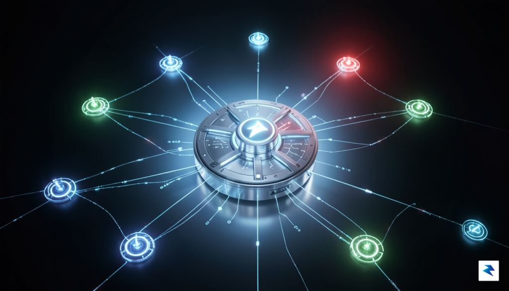 A conceptual digital visualization showing a glowing AI agent hub…