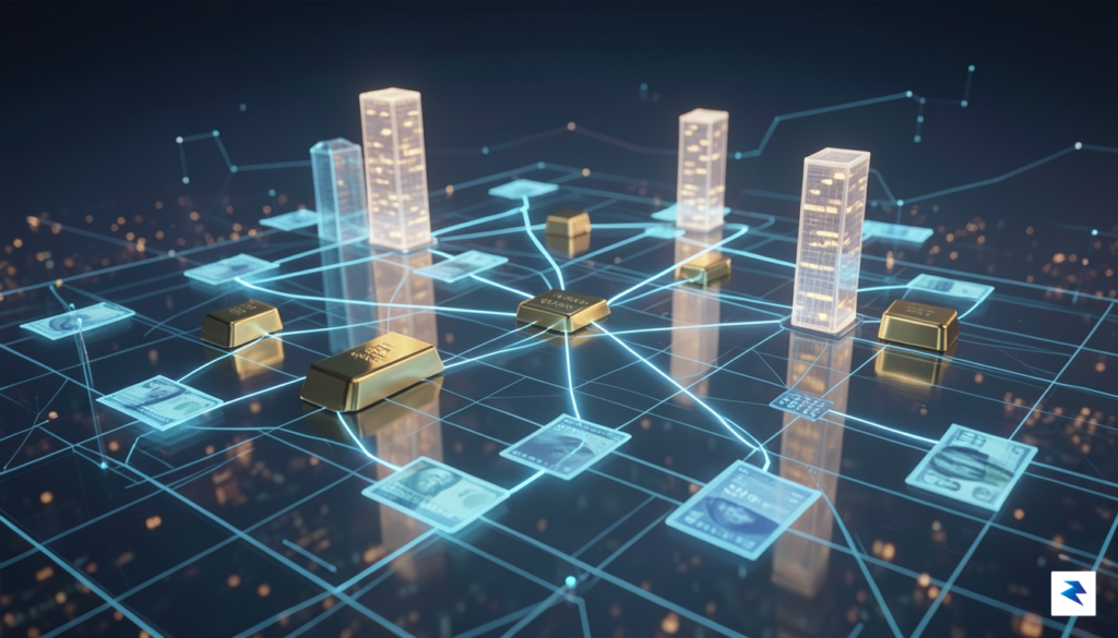 A conceptual 3D visualization of glowing, interconnected digital tokens representing&hellip;
