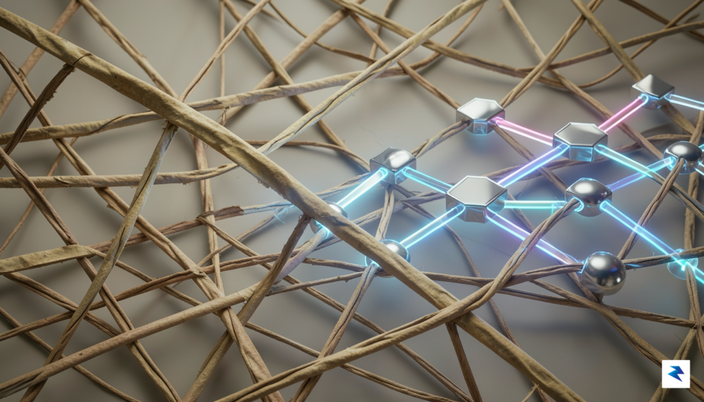 A conceptual digital illustration showing a complex web of old,&hellip;