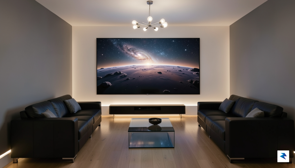 A modern, minimalist home theater setup with a large, ultra-high-definition&hellip;