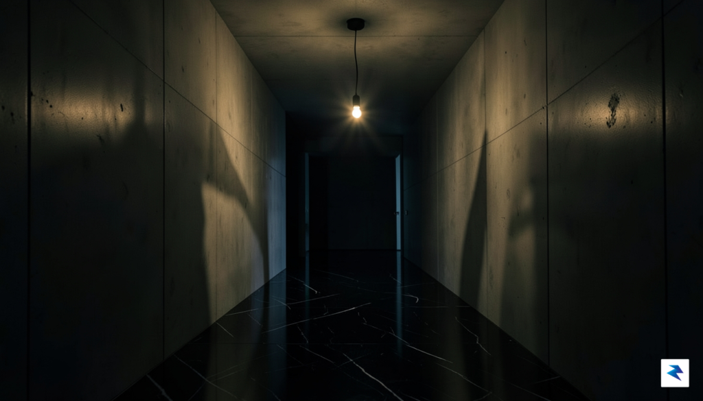 A cinematic, high-contrast shot of a dimly lit, modern hallway&hellip;