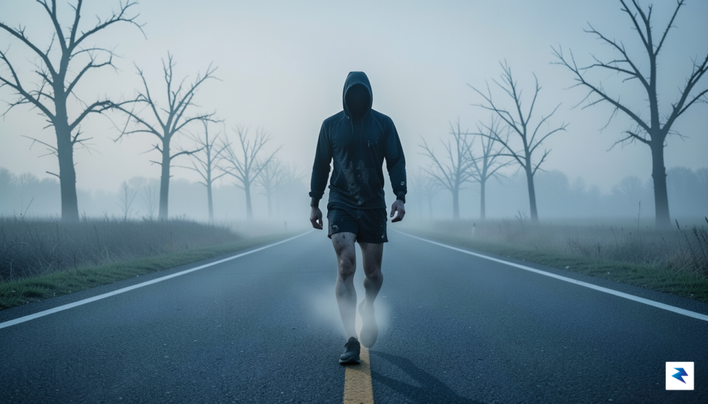 A cinematic, high-contrast shot of a lone figure walking down&hellip;