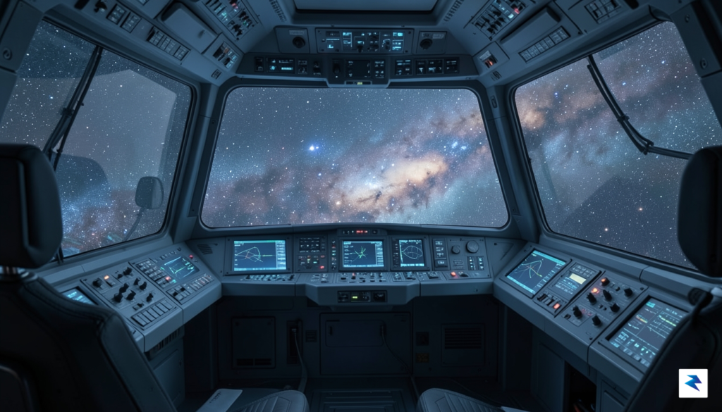 A cinematic wide shot of a lone, meticulously detailed spacecraft&hellip;