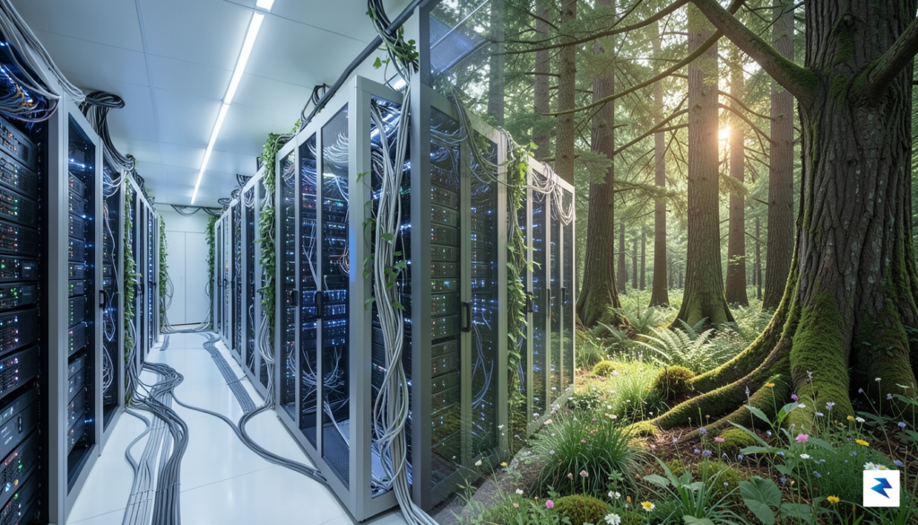 A modern, sleek data center interior transitioning into a lush,&hellip;