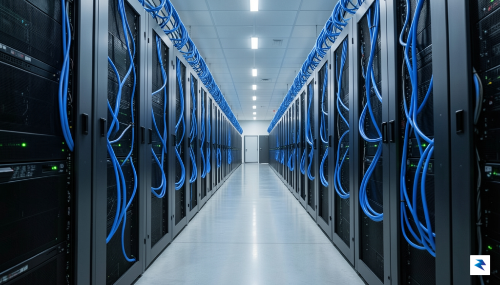 A detailed, wide-angle shot of a high-density data center aisle&hellip;