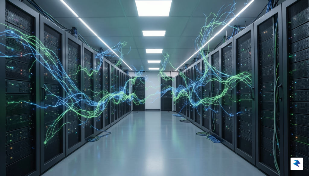 A wide-angle shot of a glowing, high-tech server room filled&hellip;