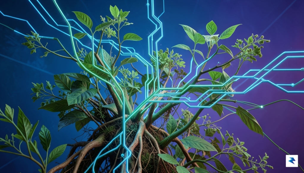A vibrant, abstract image depicting intertwined circuits and organic plant&hellip;