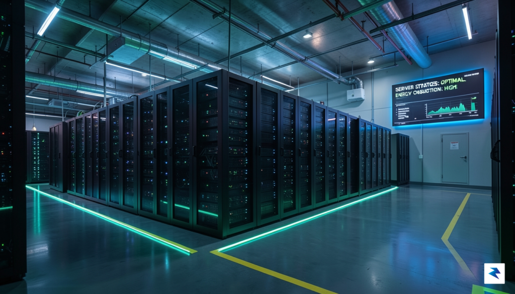 A modern, high-tech server room illuminated with blue and green&hellip;