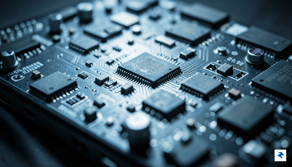A close-up shot of a smartphone circuit board under harsh,&hellip;