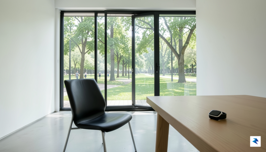 A person sitting in a sunlit, minimalist room, looking out&hellip;