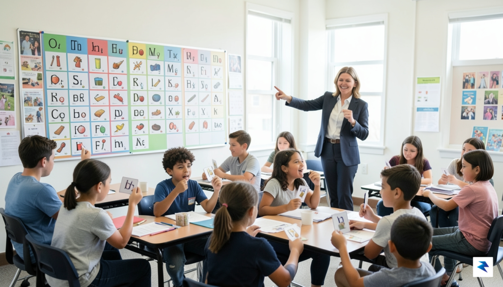 A classroom setting showing a teacher pointing to a phonetic&hellip;