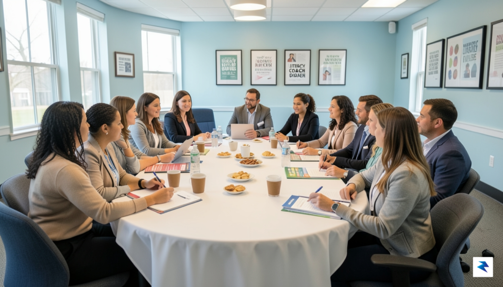 A diverse group of teachers sitting in a bright, modern&hellip;