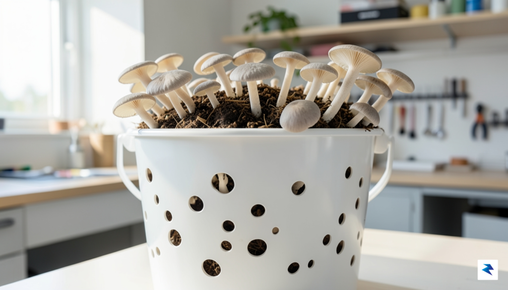 A close-up, high-detail shot of a white five-gallon bucket with…