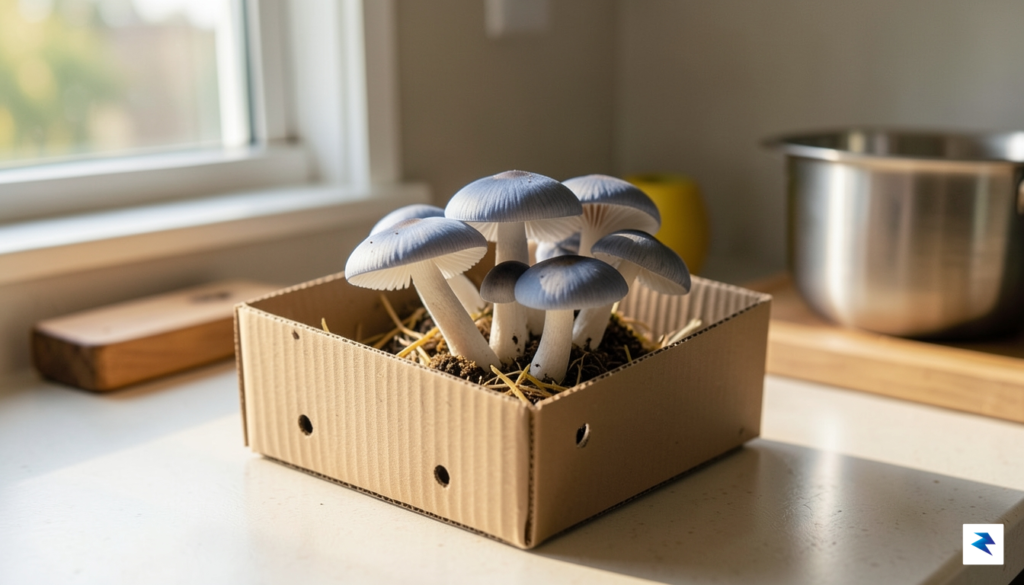 A close-up, high-resolution photograph of young blue oyster mushrooms growing…