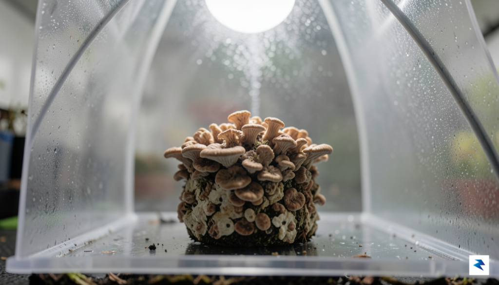 A close-up, high-resolution shot of a mushroom fruiting block inside…