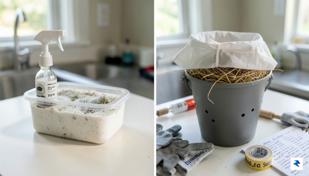 A split-screen composition showing a compact, professional mushroom grow kit…