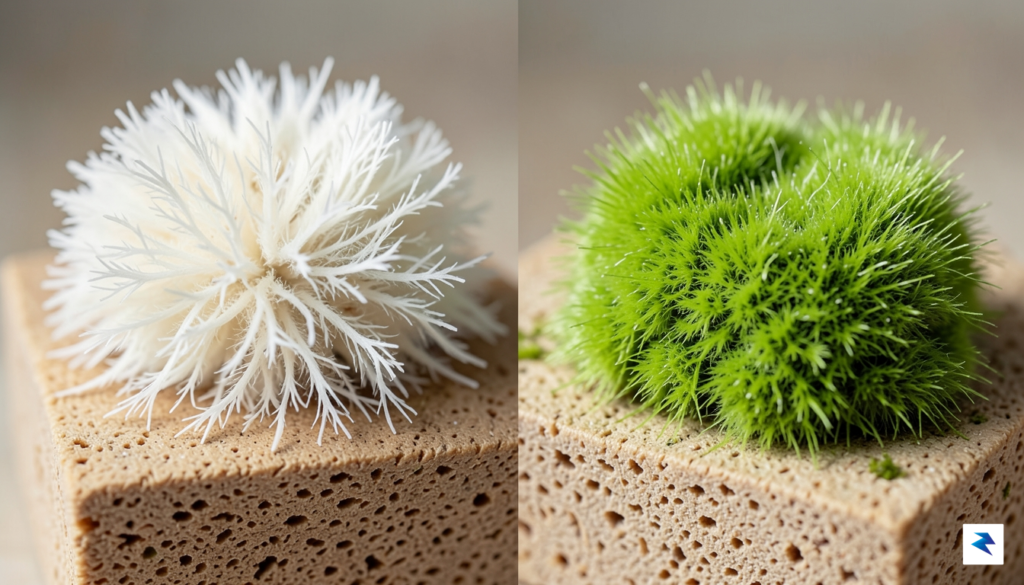 A close-up, high-resolution photograph showing a side-by-side comparison of healthy,…