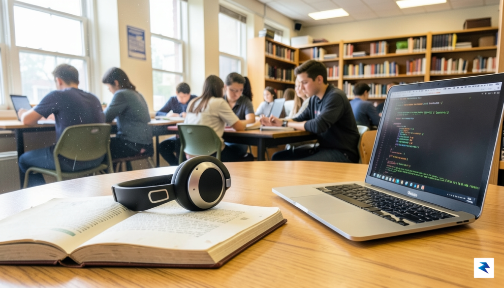 A pair of sleek, over-ear noise-canceling headphones resting on an…