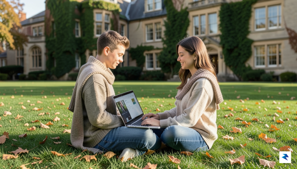 A student sitting comfortably on a university campus lawn, engrossed…