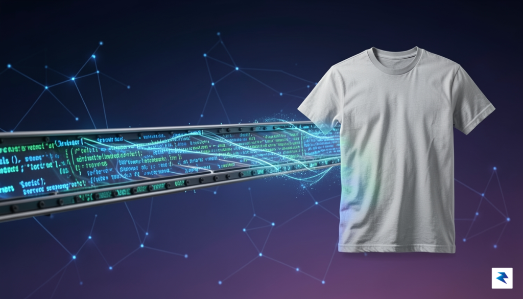 A conceptual illustration showing a digital conveyor belt transitioning from…