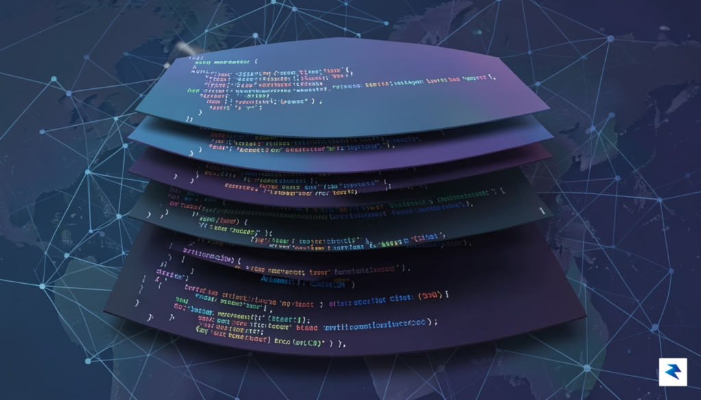 A stylized illustration showing layers of code being peeled back…