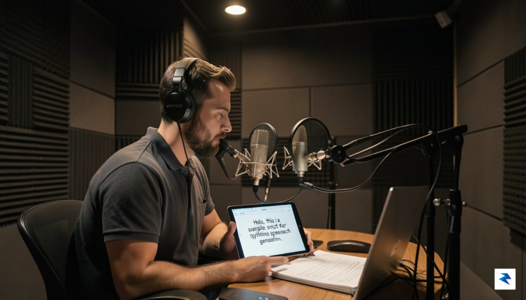 A professional voice actor working in a high-end recording studio,…