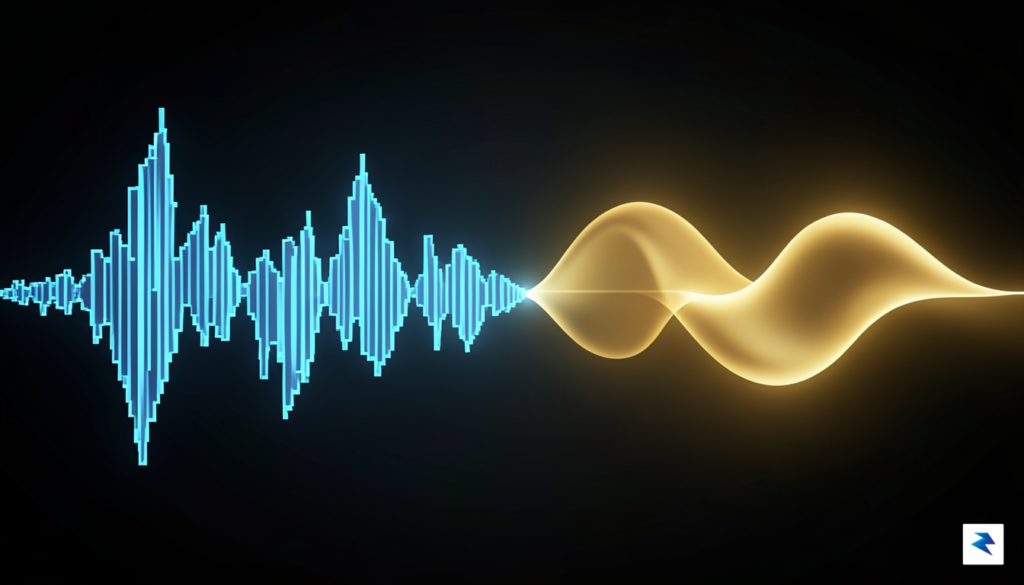 A conceptual digital illustration showing a waveform transitioning from jagged,…