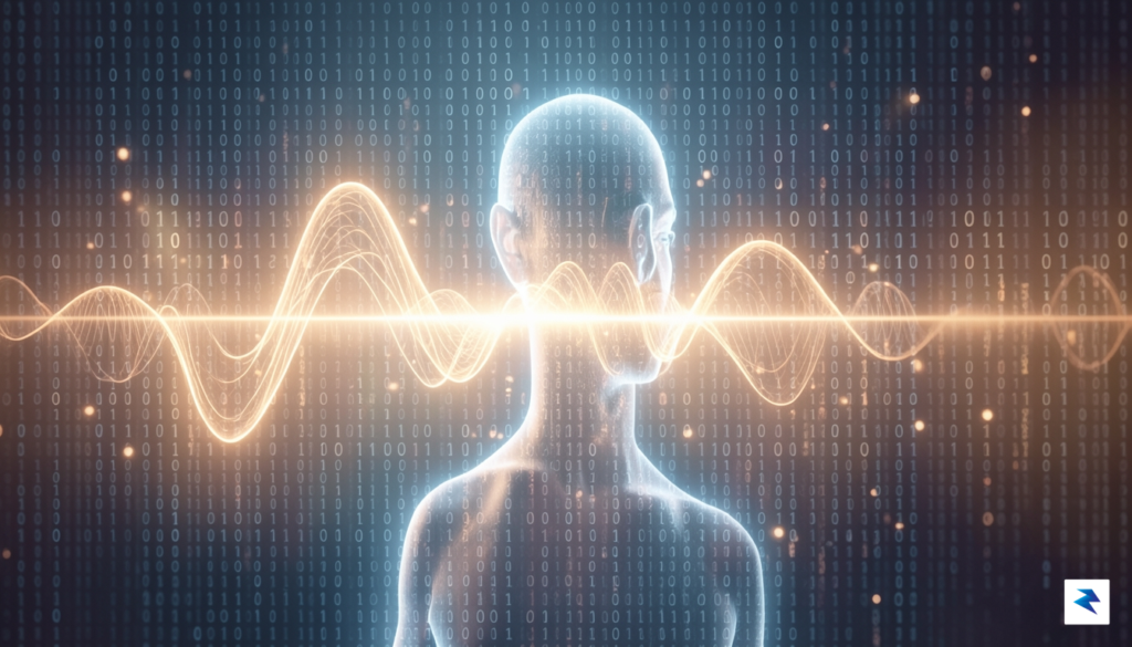 A conceptual digital art piece showing a glowing, ethereal sound…