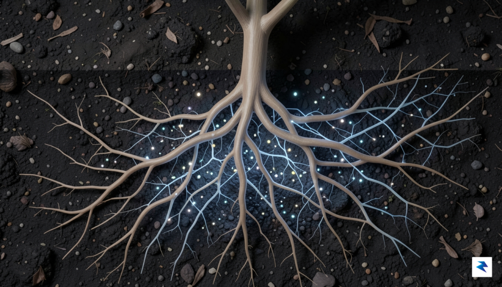 A cross-section diagram showing plant roots intertwined with a glowing,&hellip;