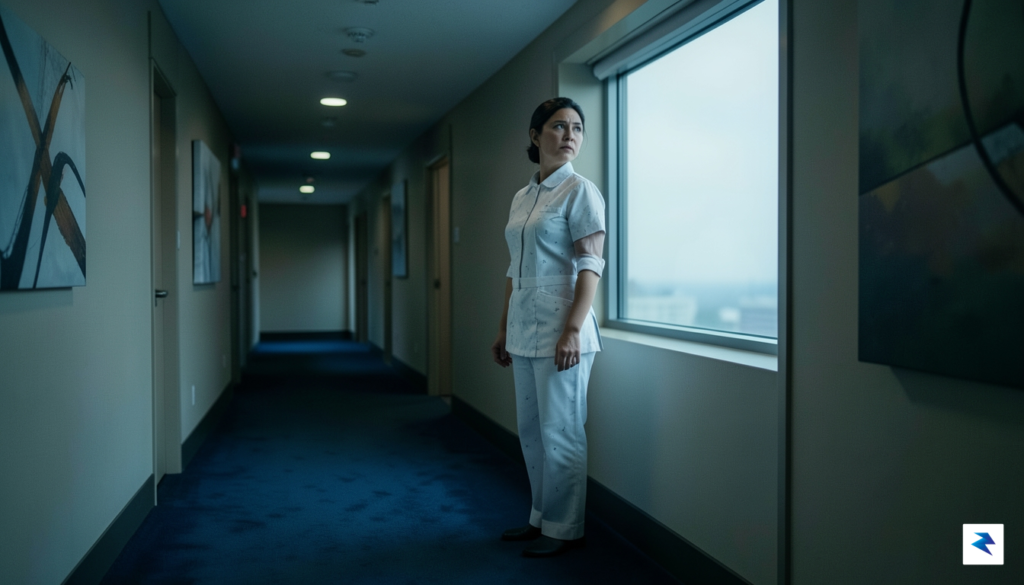 A candid, high-resolution photo of a hotel housekeeper standing in&hellip;