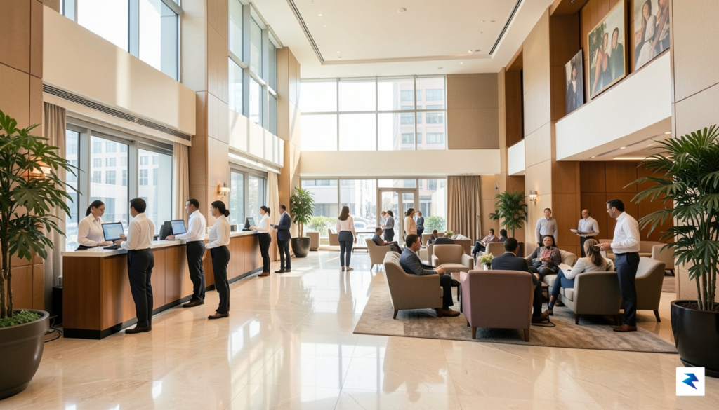 A wide-angle, professional photograph of a bustling, modern city hotel&hellip;