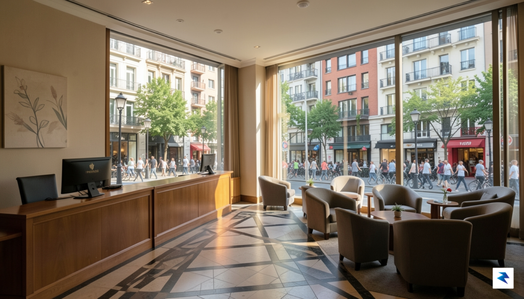 A wide-angle shot of a quiet hotel lobby during the&hellip;