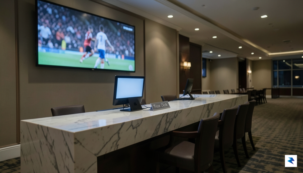 A wide-angle shot of a quiet, empty hotel front desk&hellip;