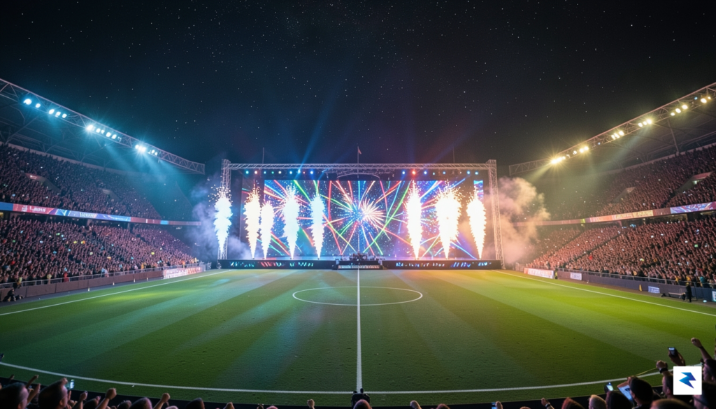 A wide-angle, cinematic shot of a vibrant, high-tech stadium stage…