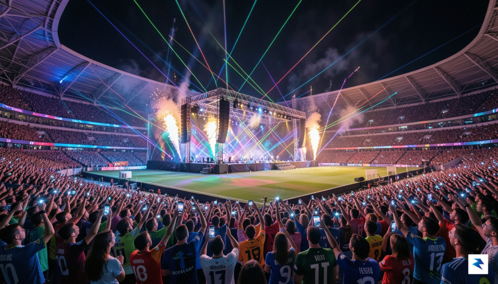A wide-angle, cinematic shot of a vibrant, neon-lit soccer stadium…
