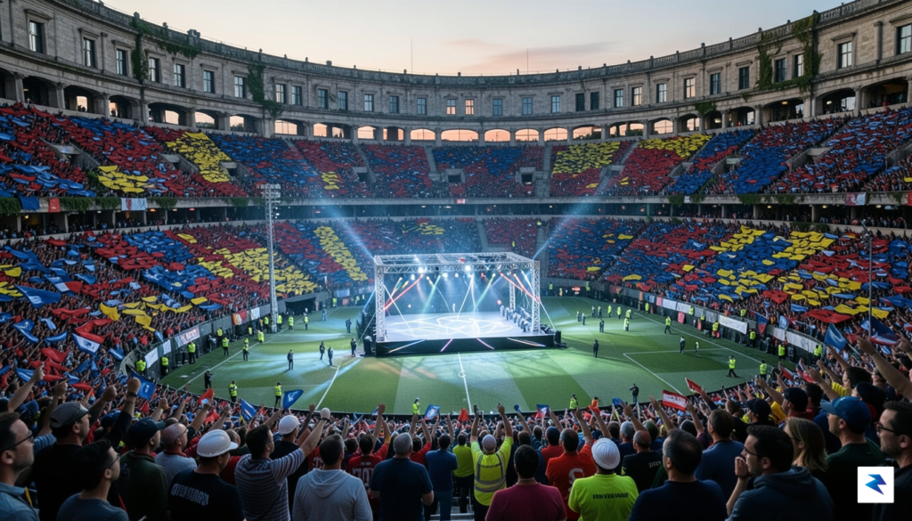 A wide-angle shot of a packed, historic international soccer stadium…