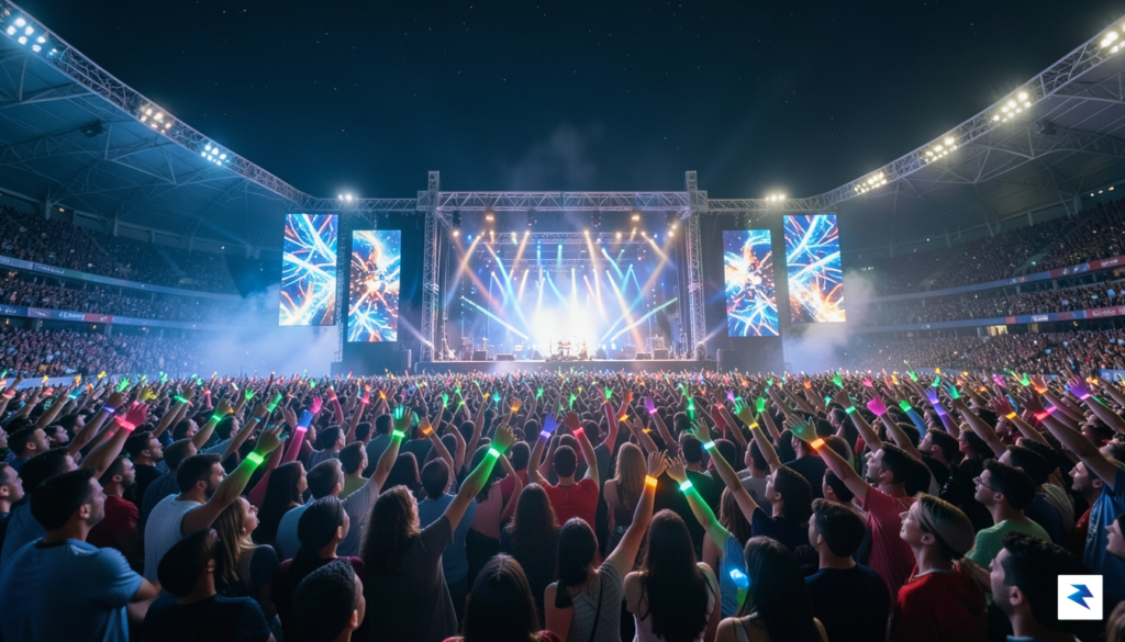 A vibrant, wide-angle shot of a massive, glowing World Cup…
