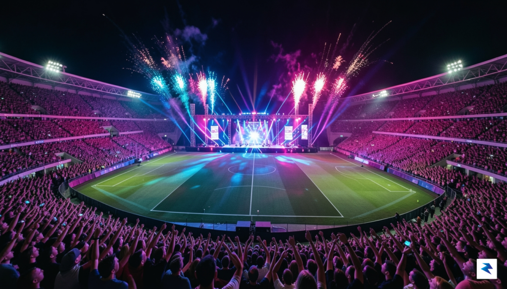 A vibrant, high-angle stadium shot during a night game, showing…