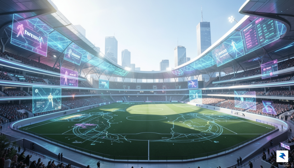 A conceptual digital artwork showing a glowing, futuristic soccer stadium&hellip;