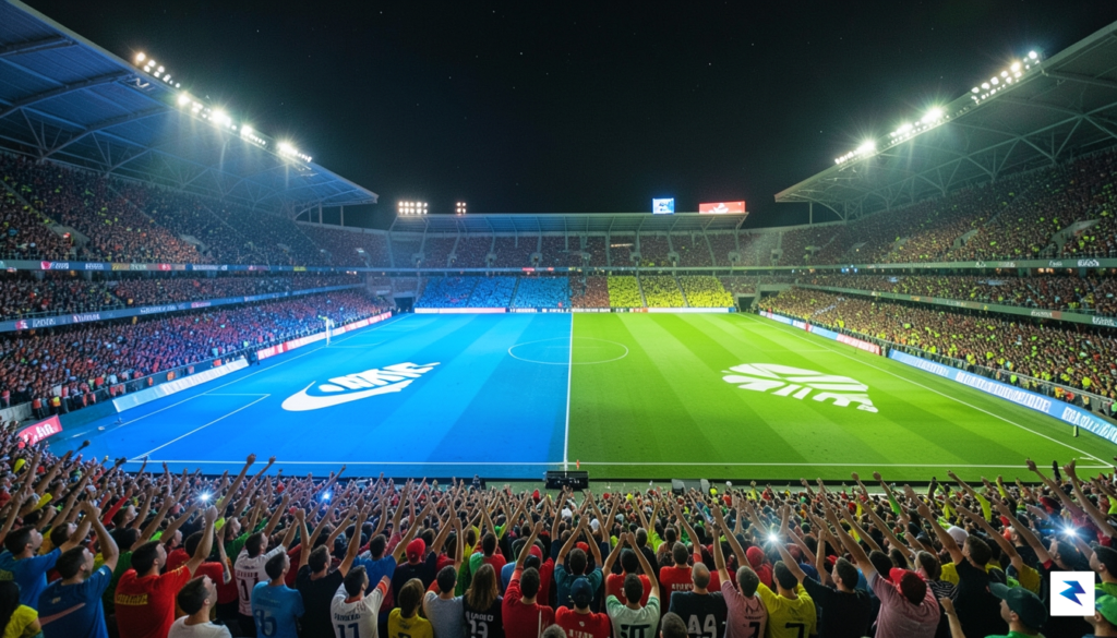 A wide-angle shot of a vibrant, crowded football stadium at&hellip;