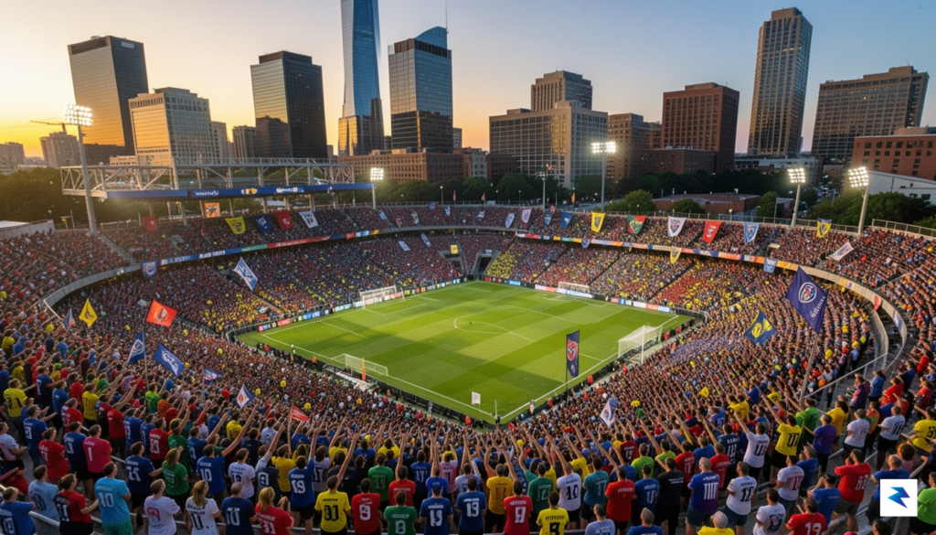 A vibrant, high-angle shot of a packed soccer stadium in&hellip;