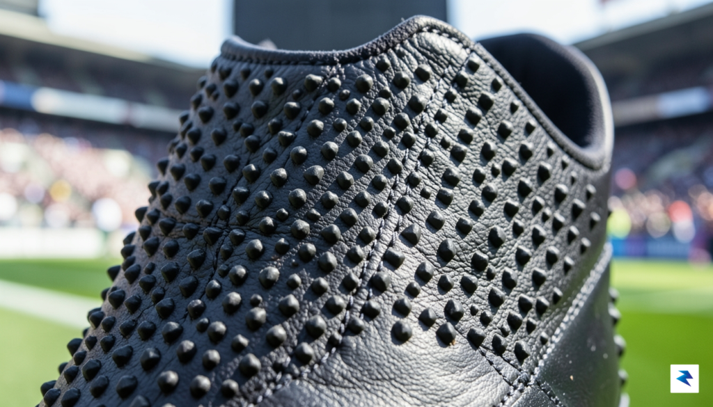 A close-up, high-definition shot of a professional football boot&rsquo;s texture,&hellip;