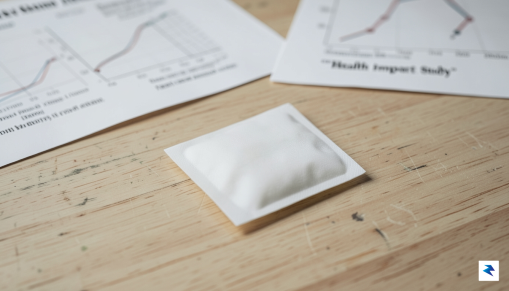 A clean, minimalist close-up of a small, white nicotine pouch&hellip;