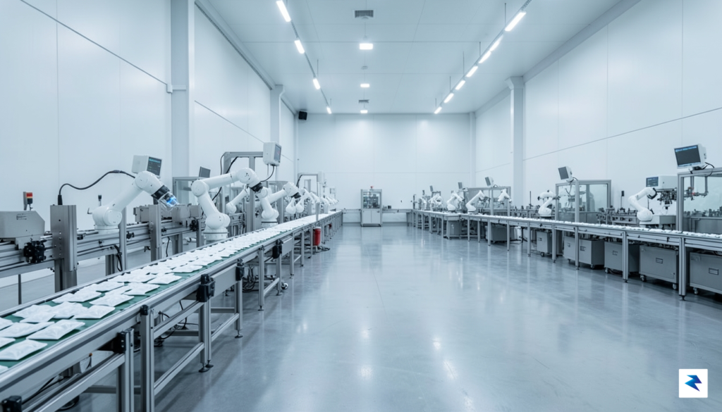 A modern, high-tech manufacturing facility floor with clean, automated assembly&hellip;