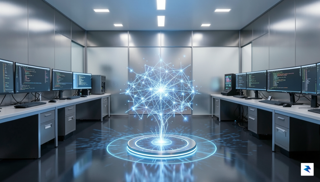 A sleek, modern laboratory setting with holographic data visualizations of&hellip;