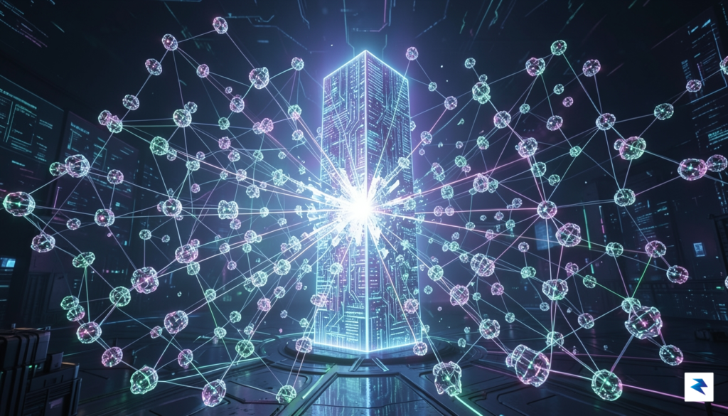 A vibrant, high-tech visualization showing a centralized, glowing monolith of&hellip;