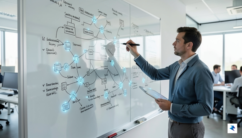 A conceptual illustration of a software architect drawing a detailed&hellip;