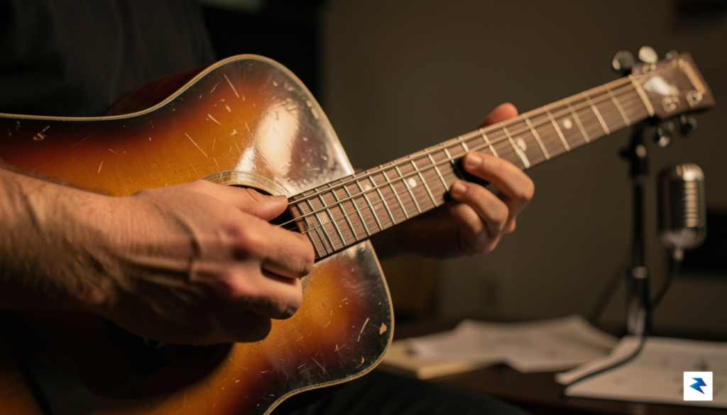 A close-up, high-quality photograph of a musician's hands playing a&hellip;