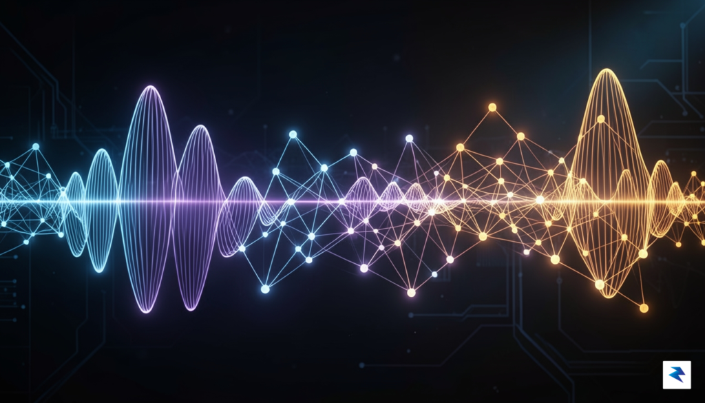 A conceptual digital art piece showing a blend of waveform&hellip;