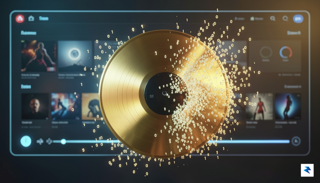 A conceptual digital illustration showing a golden vinyl record being&hellip;